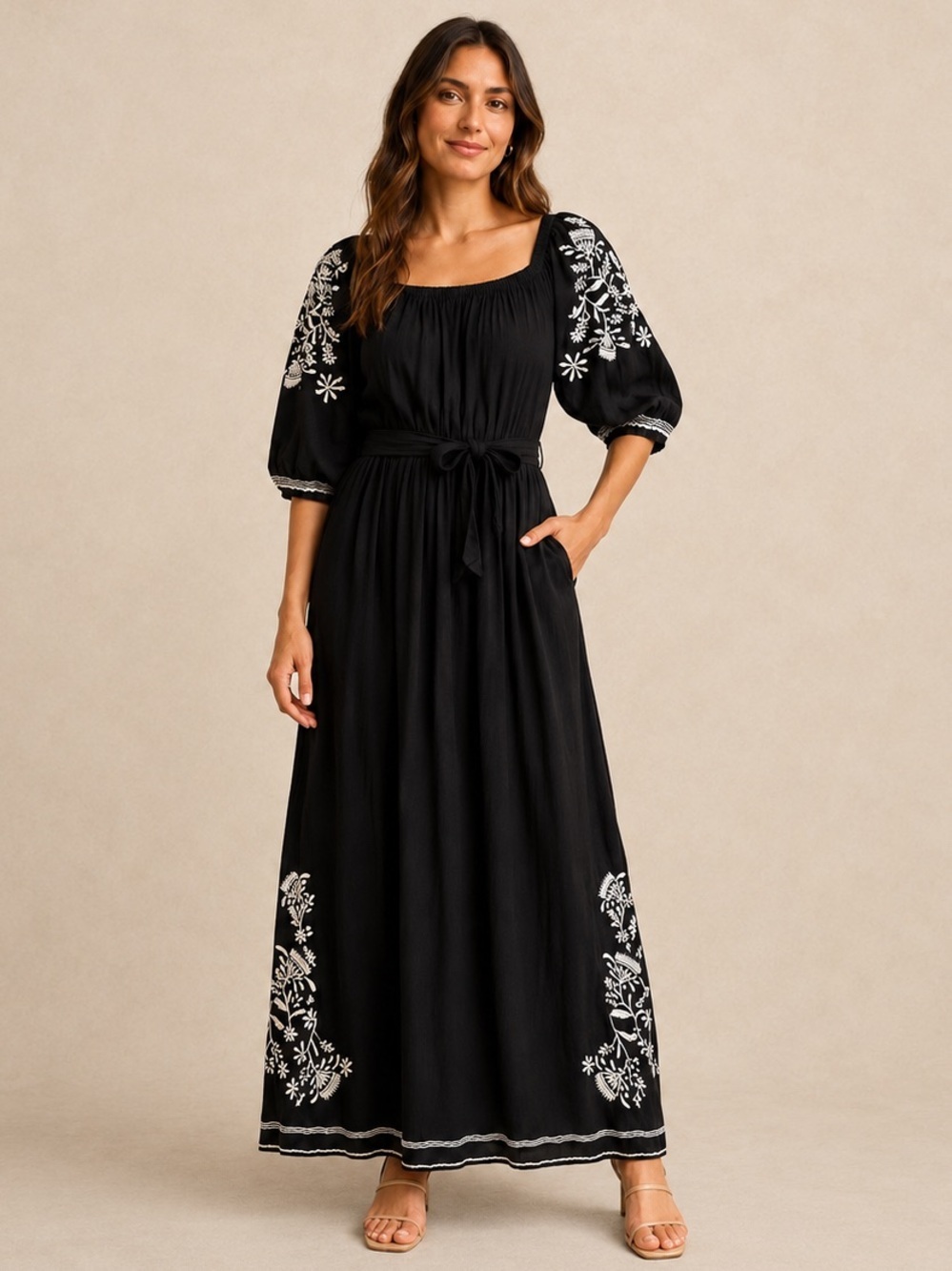 Tularosa XS Black White Embroidered Boho Maxi Dress NWT